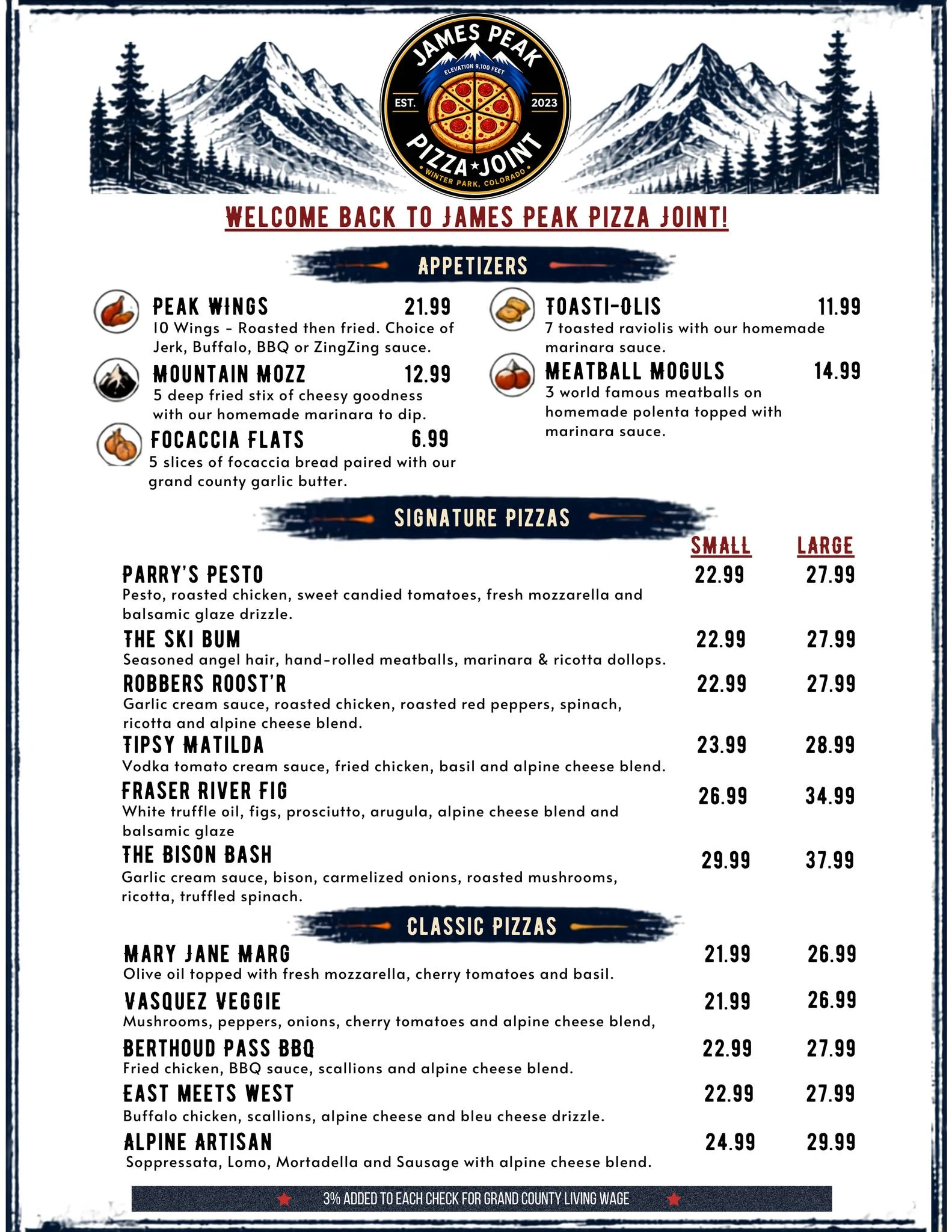 James Peak Pizza Joint menu — front