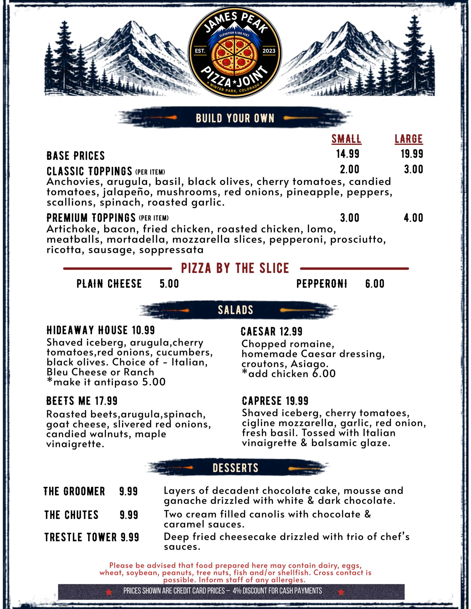 James Peak Pizza Joint menu — back