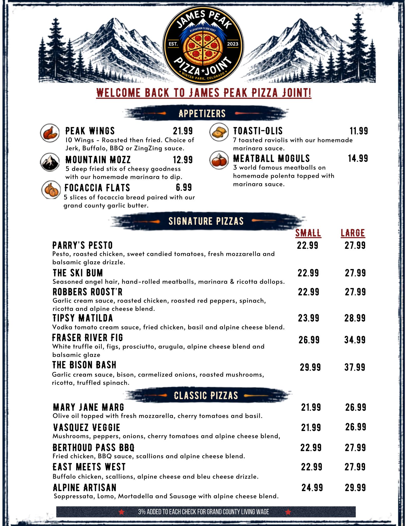 James Peak Pizza Joint menu — front