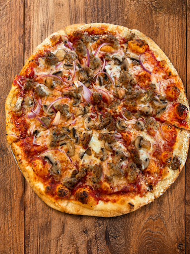 Sausage, mushroom and onion pizza
